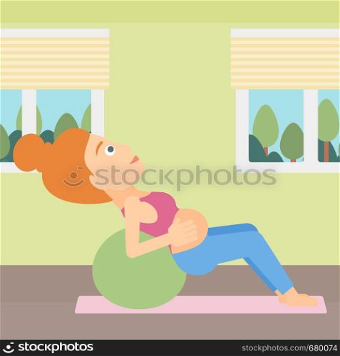 A pregnant woman doing exercises with a gymnastic ball indoor vector flat design illustration. Square layout.. Pregnant woman on gymnastic ball.