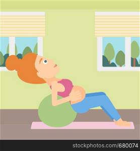 A pregnant woman doing exercises with a gymnastic ball indoor vector flat design illustration. Square layout.. Pregnant woman on gymnastic ball.