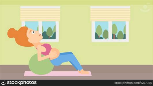 A pregnant woman doing exercises with a gymnastic ball indoor vector flat design illustration. Horizontal layout.. Pregnant woman on gymnastic ball.