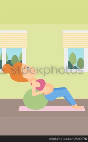 A pregnant woman doing exercises with a gymnastic ball indoor vector flat design illustration. Vertical layout.. Pregnant woman on gymnastic ball.