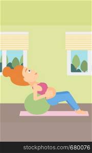 A pregnant woman doing exercises with a gymnastic ball indoor vector flat design illustration. Vertical layout.. Pregnant woman on gymnastic ball.
