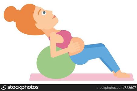 A pregnant woman doing exercises with a gymnastic ball vector flat design illustration isolated on white background. . Pregnant woman on gymnastic ball.