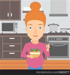 A pregnant woman holding a bowl with vegetables on a kitchen background vector flat design illustration. Square layout.. Pregnant woman eating salad.