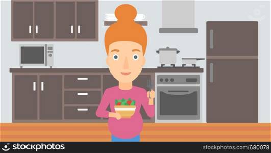 A pregnant woman holding a bowl with vegetables on a kitchen background vector flat design illustration. Horizontal layout.. Pregnant woman eating salad.