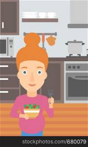 A pregnant woman holding a bowl with vegetables on a kitchen background vector flat design illustration. Vertical layout.. Pregnant woman eating salad.