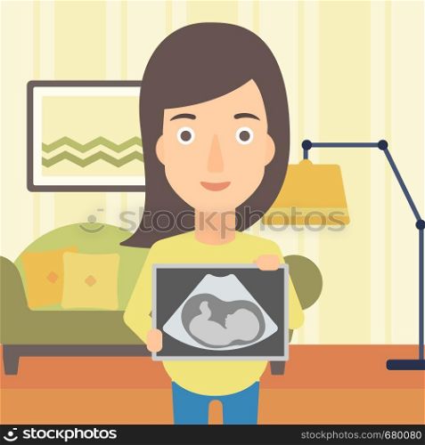 A pregnant woman holding a tablet with an ultrasound image on the background of living room vector flat design illustration. Square layout.. Pregnant woman with ultrasound image.