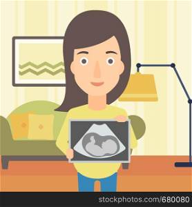 A pregnant woman holding a tablet with an ultrasound image on the background of living room vector flat design illustration. Square layout.. Pregnant woman with ultrasound image.