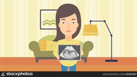 A pregnant woman holding a tablet with an ultrasound image on the background of living room vector flat design illustration. Horizontal layout.. Pregnant woman with ultrasound image.