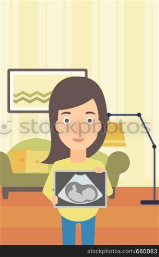 A pregnant woman holding a tablet with an ultrasound image on the background of living room vector flat design illustration. Vertical layout.. Pregnant woman with ultrasound image.
