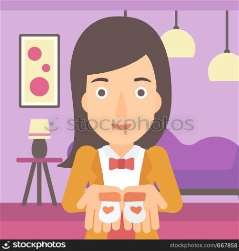 A pregnant woman holding baby booties in hands on the background of living room vector flat design illustration. Square layout.. Pregnant woman with baby booties.
