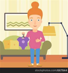 A pregnant woman holding clothes for her baby on the background of living room vector flat design illustration. Square layout.. Pregnant woman with clothes for baby.