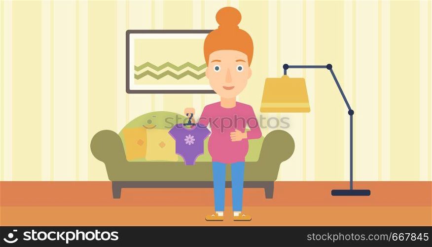 A pregnant woman holding clothes for her baby on the background of living room vector flat design illustration. Horizontal layout.. Pregnant woman with clothes for baby.
