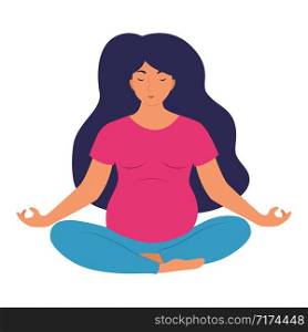 A pregnant woman is doing yoga. Lotus pose. Cute flat style vector illustration. Healthy lifestyle.