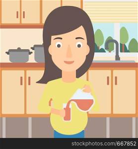A pregnant woman pouring juice into a glass on the background of kitchen vector flat design illustration. Square layout.. Pregnant woman pouring juice.