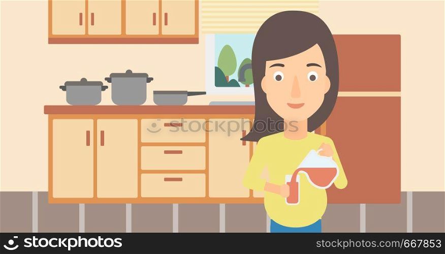 A pregnant woman pouring juice into a glass on the background of kitchen vector flat design illustration. Horizontal layout.. Pregnant woman standing near friedge.
