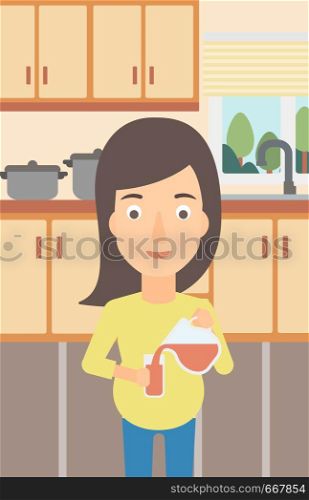 A pregnant woman pouring juice into a glass on the background of kitchen vector flat design illustration. Vertical layout.. Pregnant woman standing near friedge.