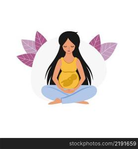 A pregnant woman sits in the Lotus position and relaxes. The baby is an embryo in the stomach. Mother is a new-born baby. Pregnancy, childbirth, motherhood. flat cartoon illustration.