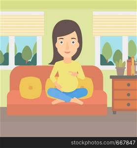 A pregnant woman sitting on a sofa in living room vector flat design illustration. Square layout.. Pregnant woman sitting on sofa.