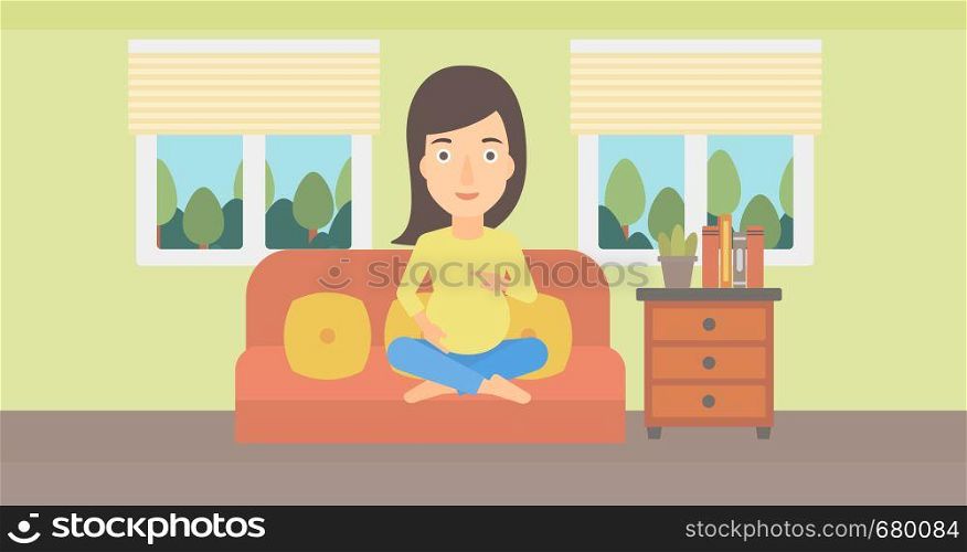 A pregnant woman sitting on a sofa in living room vector flat design illustration. Horizontal layout.. Pregnant woman sitting on sofa.