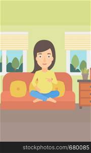A pregnant woman sitting on a sofa in living room vector flat design illustration. Vertical layout.. Pregnant woman sitting on sofa.