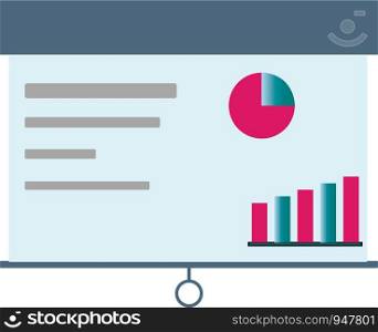 A presentation screen with various chart and graphs showing business performance vector color drawing or illustration