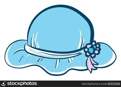 A pretty blue hat with two blue and pink flowers attached to the side of the hat vector color drawing or illustration