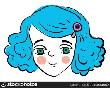 A pretty girl with blue hair lavender hairpin green eyes and pale cheeks smiling vector color drawing or illustration