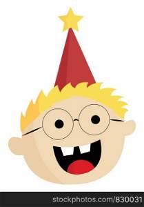 A pretty happy boy with blonde hair glasses wears a red birthday cap with a yellow star on the top vector color drawing or illustration