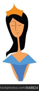 A Princess in blue dress wearing a small crown, vector, color drawing or illustration.