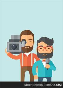 A professional caucasian journalist and news reporter with video camera and microphone broadcasting. A Contemporary style with pastel palette, soft blue tinted background. Vector flat design illustration. Vertical layout with text space on top part.. Jourmalist and news reporter.