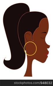 A profile of a girl with long hair wearing a big ring on her ears , vector, color drawing or illustration.