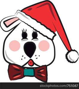 A puppy with Santa hat & red ribbon on neck all set for festive celebrations vector color drawing or illustration