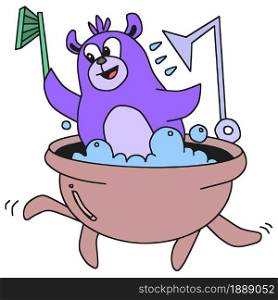 a purple bear taking a bath. cartoon illustration sticker emoticon