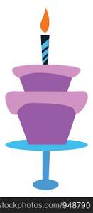 A purple cake with a single candle glowing on its top, vector, color drawing or illustration.