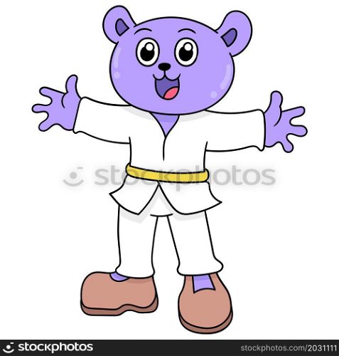 a purple colored bear wearing a karate martial art outfit
