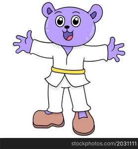 a purple colored bear wearing a karate martial art outfit