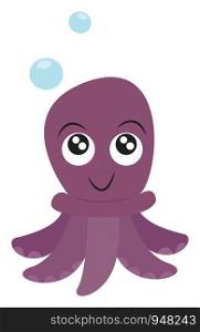A purple-colored octopus with trailing tentacles and with eyes rolled up has a cute smile over white background with two blue bubbles drifting through the air, vector, color drawing or illustration.