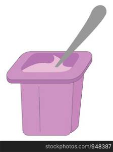 A purple cup of purple flavored yogurt with a spatula has a taste that is delicate and caresses all the senses in a special way, vector, color drawing or illustration.