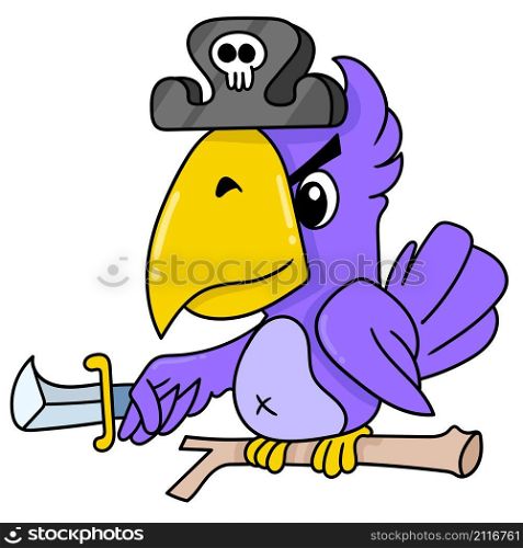a purple feathered parrot wearing a pirate outfit