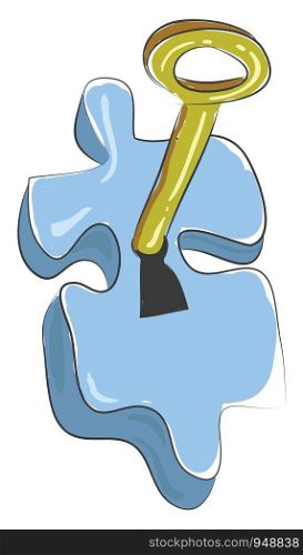 A puzzle shaped lock with a long key, vector, color drawing or illustration.
