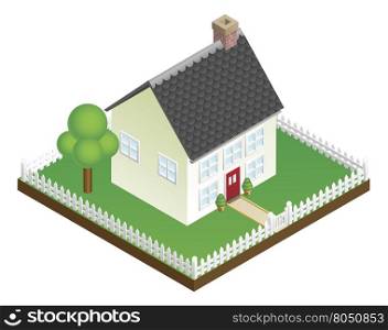 A quaint house with picket fence in isometric view
