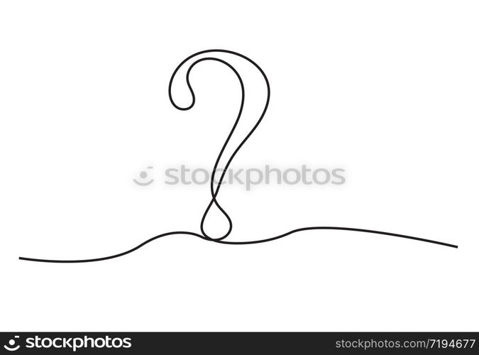 A question mark is drawn on a single black line on a white background. One-line drawing. Continuous line.