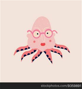 a quirky funny octopus with a cute face in glasses. Illustration in a modern children&rsquo;s hand-drawn style. a quirky octopus with a cute face in glasses. Illustration in a modern children&rsquo;s hand-drawn style