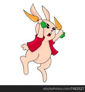 a rabbit is jumping with a carrot in hand. cartoon character vector illustration