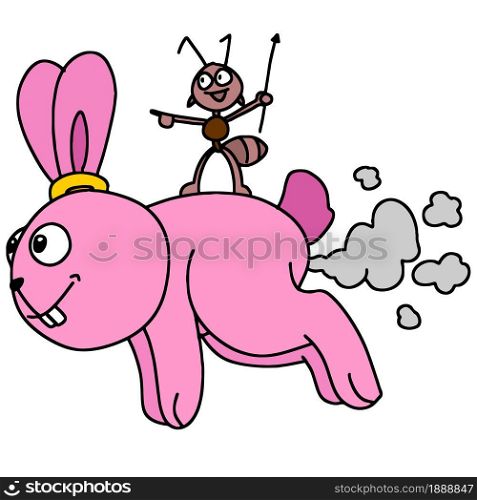 a rabbit running carrying his ant friend. cartoon illustration sticker mascot emoticon