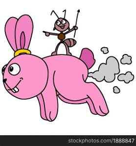 a rabbit running carrying his ant friend. cartoon illustration sticker mascot emoticon