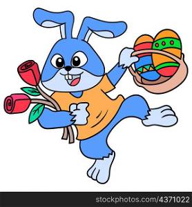 a rabbit with a cheerful face carrying a basket filled with easter eggs