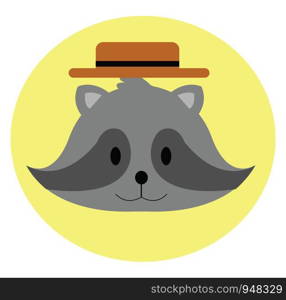 A raccoon in shades of radiant grey colors with short ears is wearing a brown summer hat and looks happy set isolated on yellow background viewed from the front, vector, color drawing or illustration.