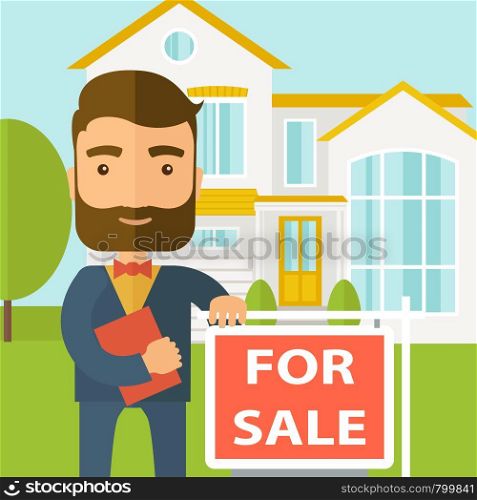A real estate agent holding the document for the for sale house. A Contemporary style with pastel palette, soft blue tinted background. Vector flat design illustration. Square layout.. Real estate agent standing beside the for sale placard.