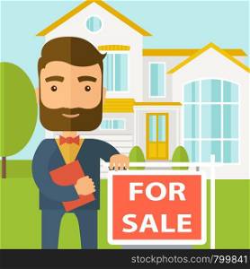 A real estate agent holding the document for the for sale house. A Contemporary style with pastel palette, soft blue tinted background. Vector flat design illustration. Square layout.. Real estate agent standing beside the for sale placard.